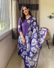 Beautiful kurta set with heavy embroidery, lace work on yoke with pant and silk dupatta - Eraya