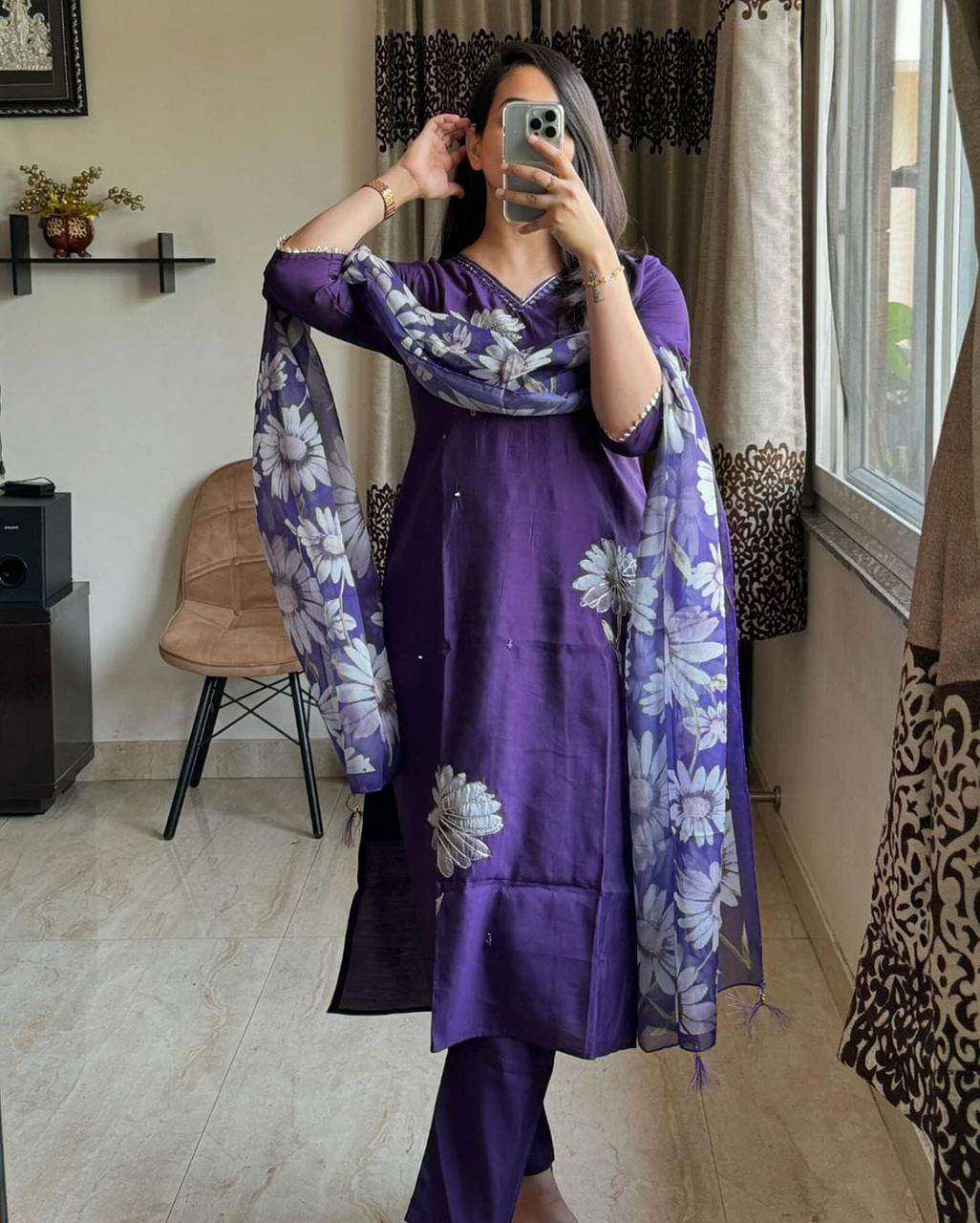 Beautiful kurta set with heavy embroidery, lace work on yoke with pant and silk dupatta - Eraya