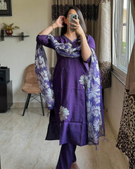 Beautiful kurta set with heavy embroidery, lace work on yoke with pant and silk dupatta - Eraya