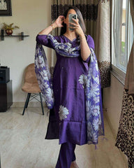 Beautiful kurta set with heavy embroidery, lace work on yoke with pant and silk dupatta - Eraya