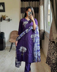 Beautiful kurta set with heavy embroidery, lace work on yoke with pant and silk dupatta - Eraya