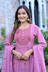 Beautiful schiffli sequence embroidery work anarkali kurti, cotton mulmul dupatta and pant set - Eraya