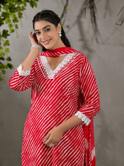 Beautiful lehriya print lace decorated three piece kurta set - Eraya