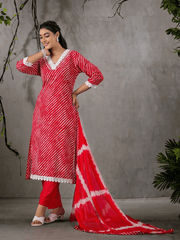 Beautiful lehriya print lace decorated three piece kurta set - Eraya