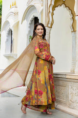 Printed chinon anarkali kurti with plazzo and dupatta - Eraya