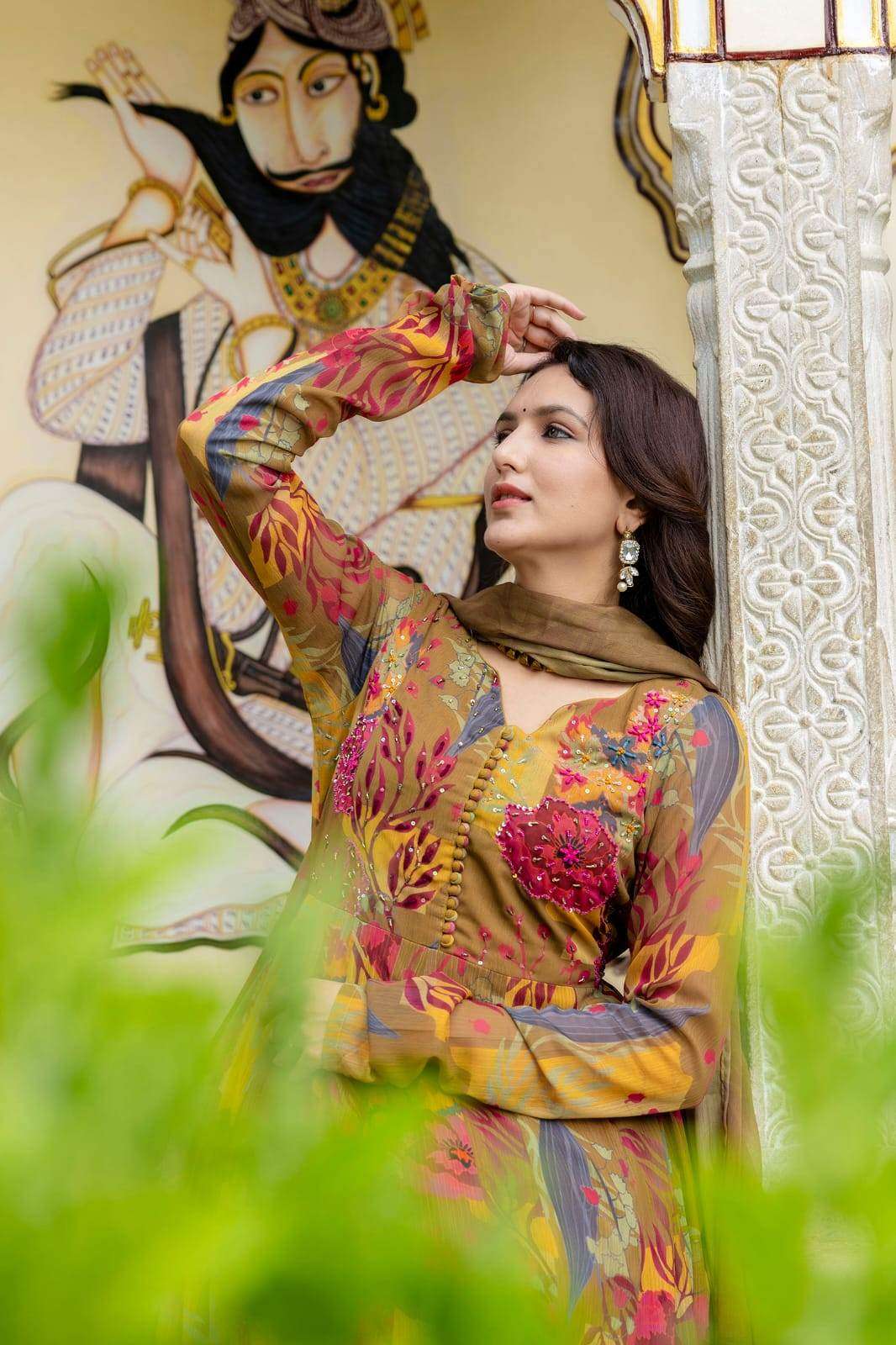 Printed chinon anarkali kurti with plazzo and dupatta - Eraya