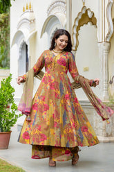 Printed chinon anarkali kurti with plazzo and dupatta - Eraya