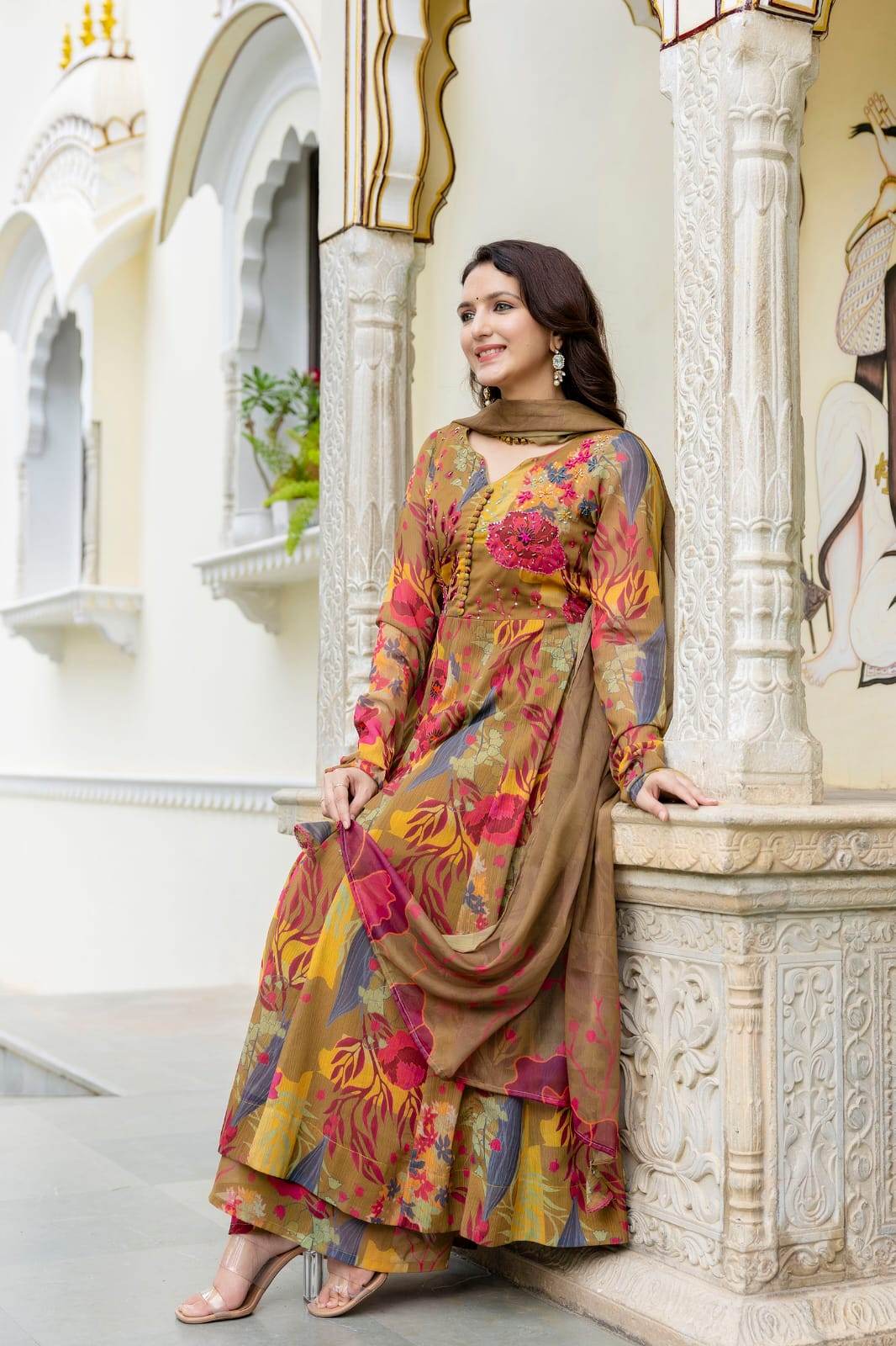 Printed chinon anarkali kurti with plazzo and dupatta - Eraya