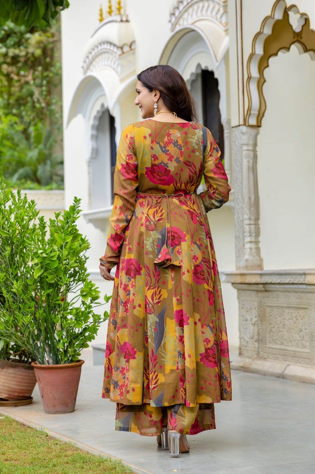 Printed chinon anarkali kurti with plazzo and dupatta - Eraya