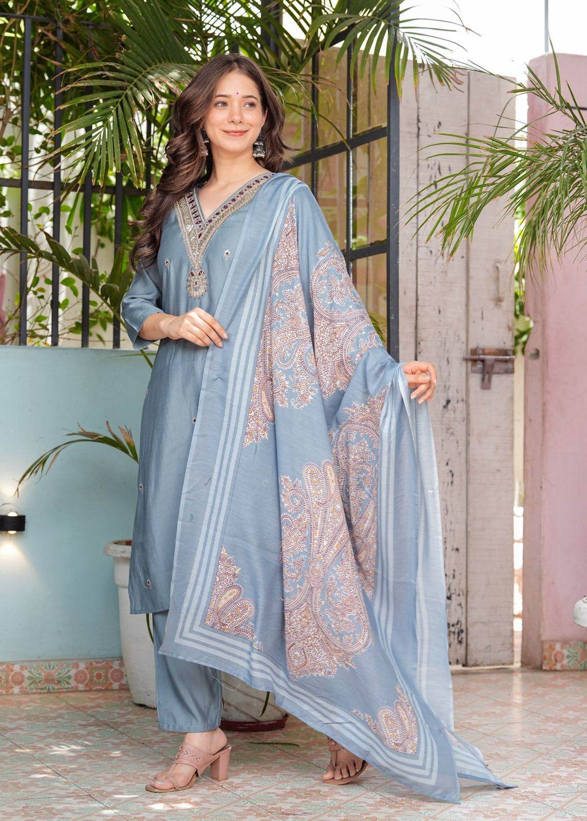 Beautiful silk fabric three piece kurti set paired with printed chanderi silk dupatta - Eraya