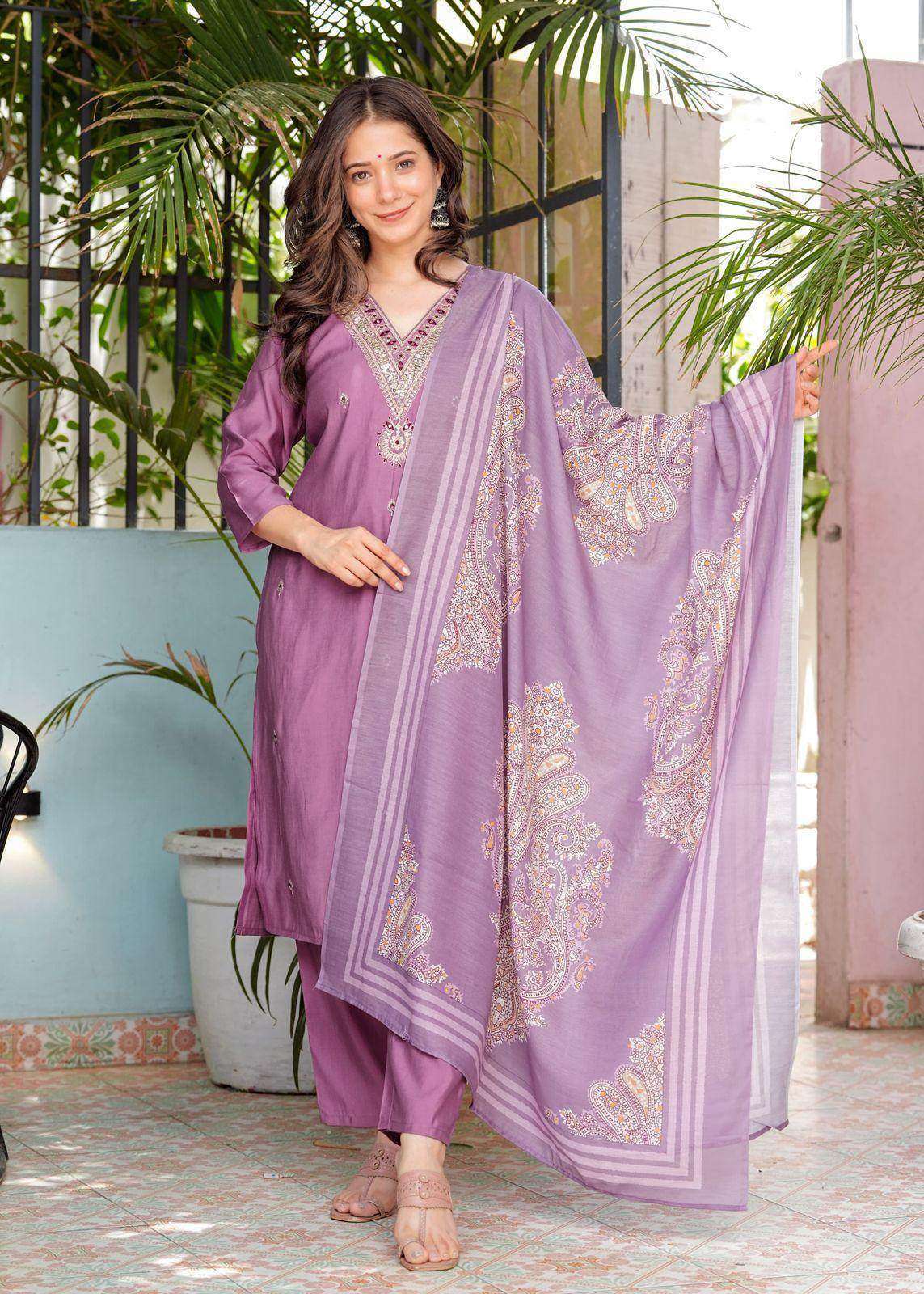 Beautiful silk fabric three piece kurti set paired with printed chanderi silk dupatta - Eraya