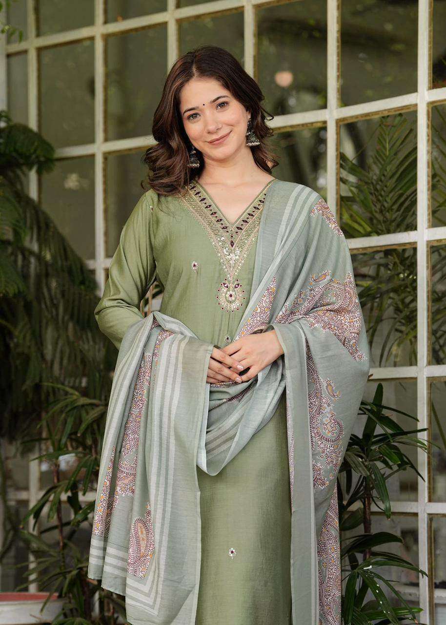 Beautiful silk fabric three piece kurti set paired with printed chanderi silk dupatta - Eraya