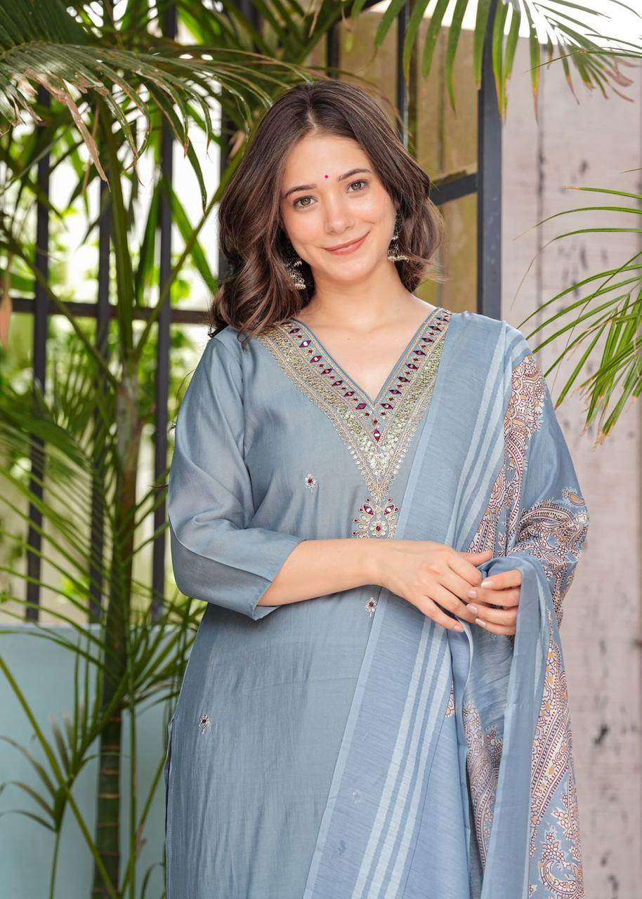 Beautiful silk fabric three piece kurti set paired with printed chanderi silk dupatta - Eraya