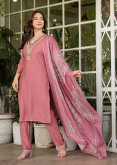 Beautiful silk fabric three piece kurti set paired with printed chanderi silk dupatta - Eraya