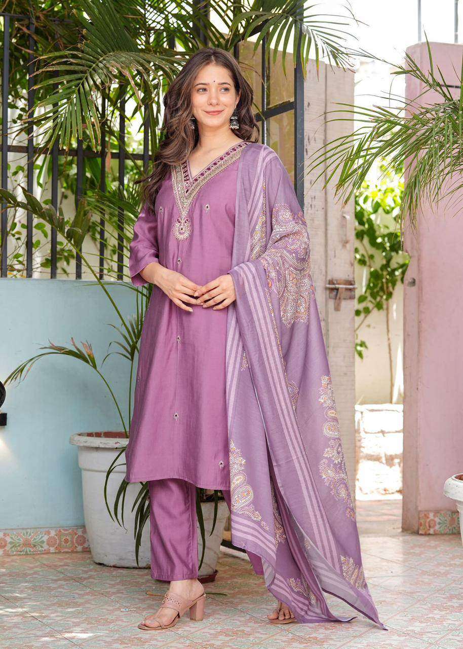 Beautiful silk fabric three piece kurti set paired with printed chanderi silk dupatta - Eraya