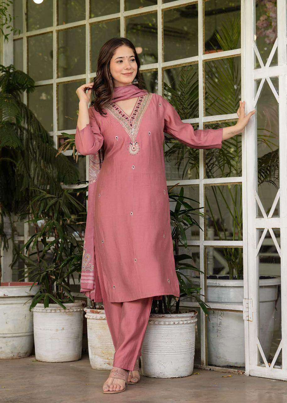 Beautiful silk fabric three piece kurti set paired with printed chanderi silk dupatta - Eraya