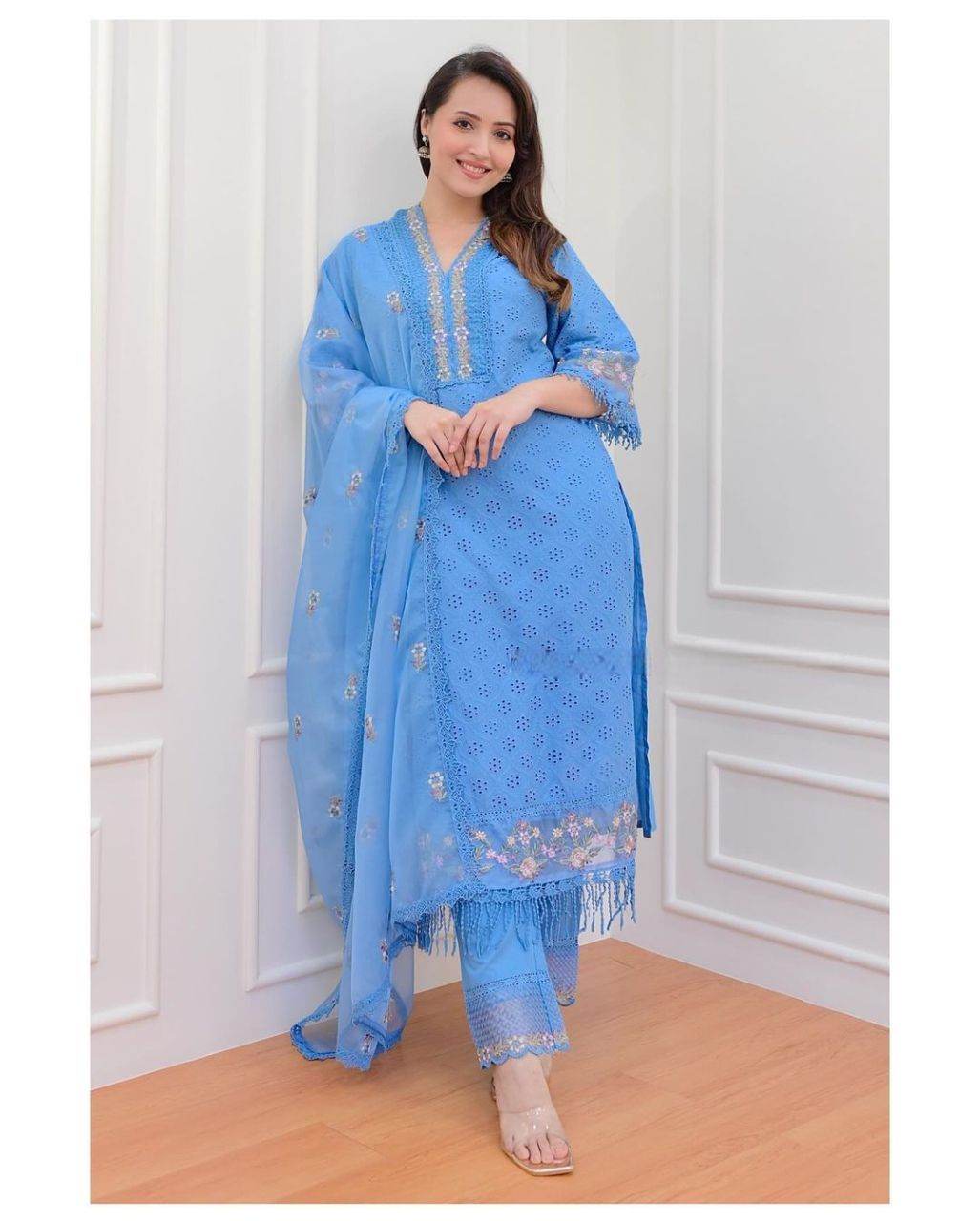 Heavy Afghani Cotton chikan suit set paired with organza dupatta - Eraya