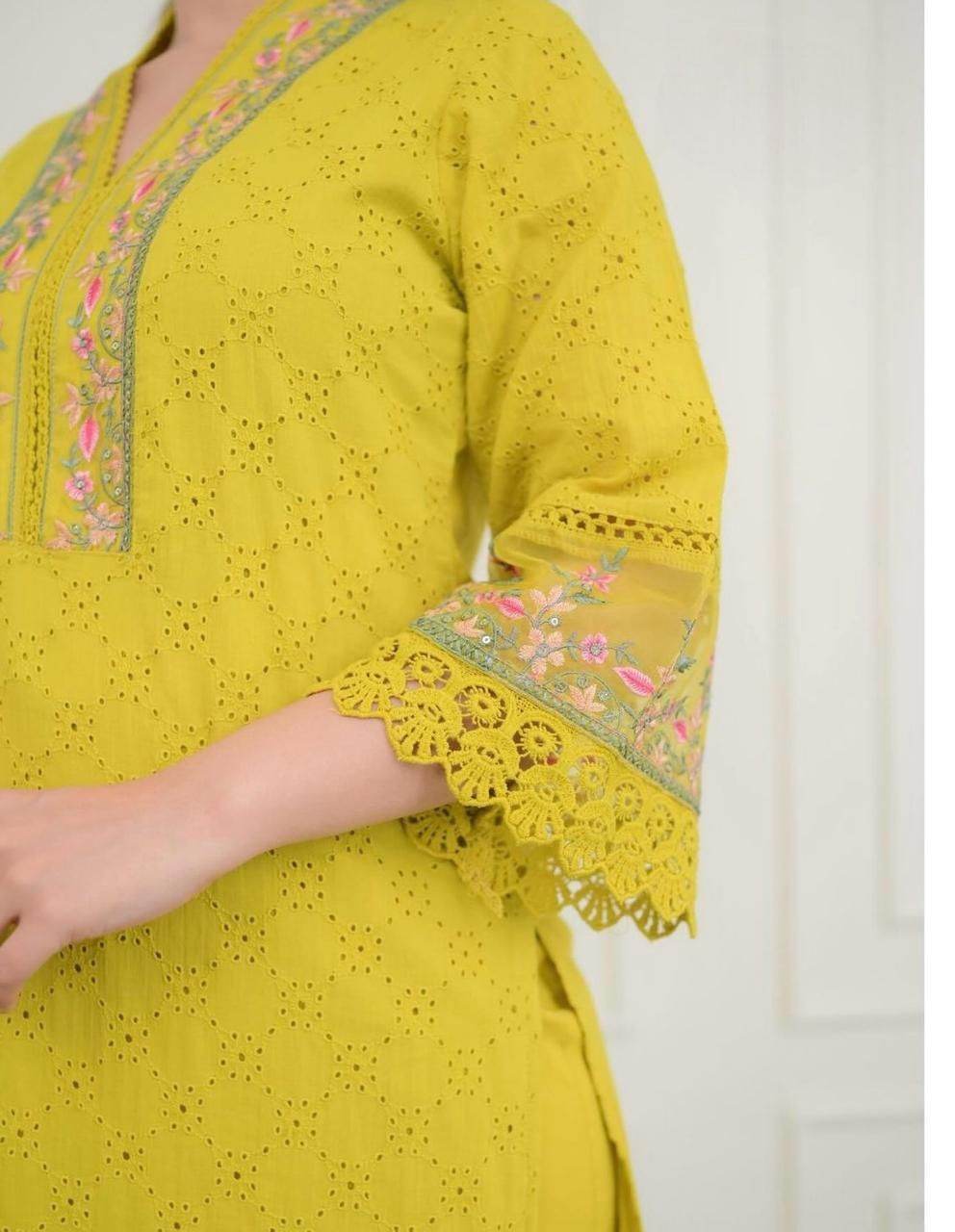 Heavy Afghani Cotton chikan suit set paired with organza dupatta - Eraya