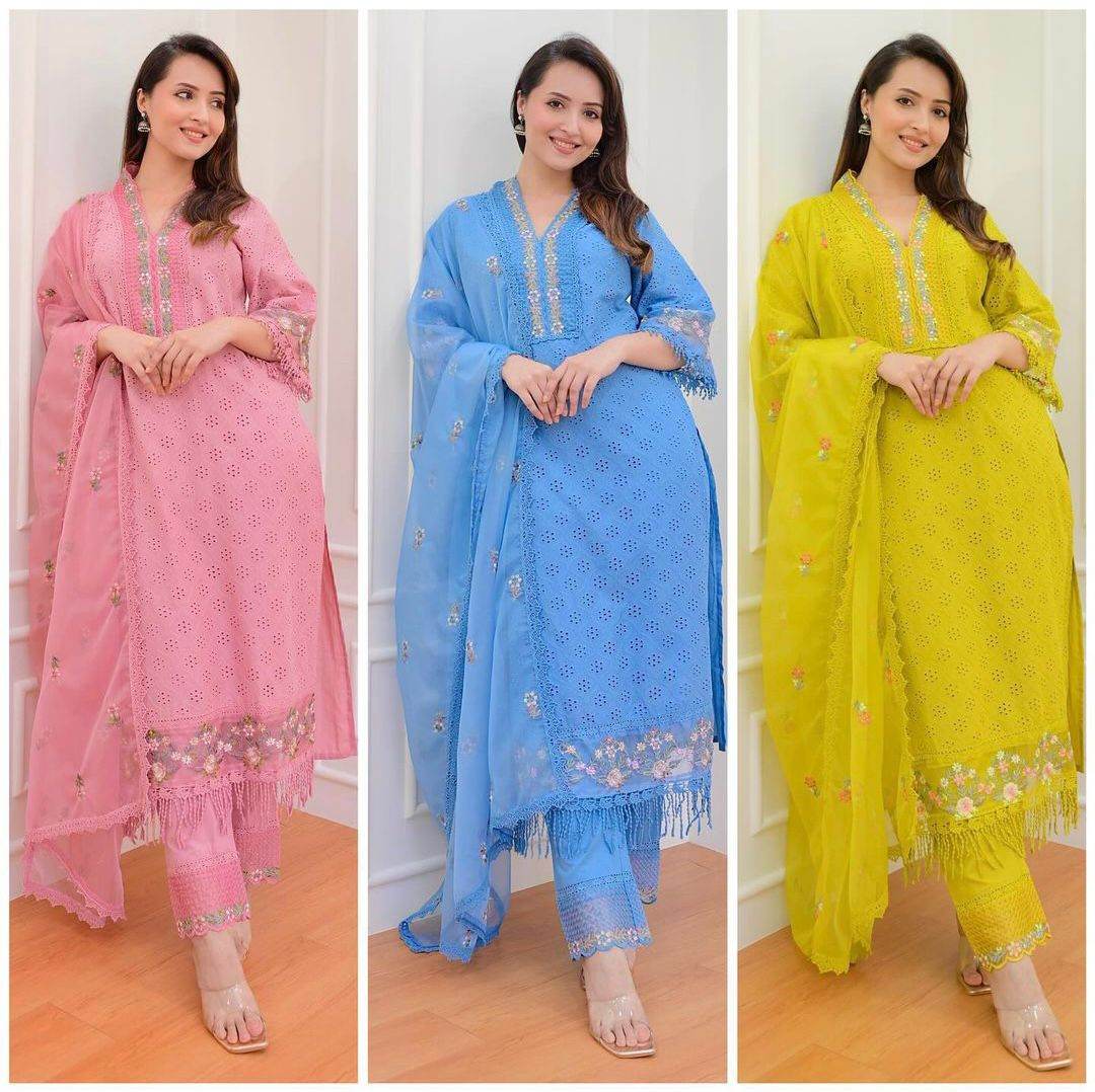 Heavy Afghani Cotton chikan suit set paired with organza dupatta - Eraya