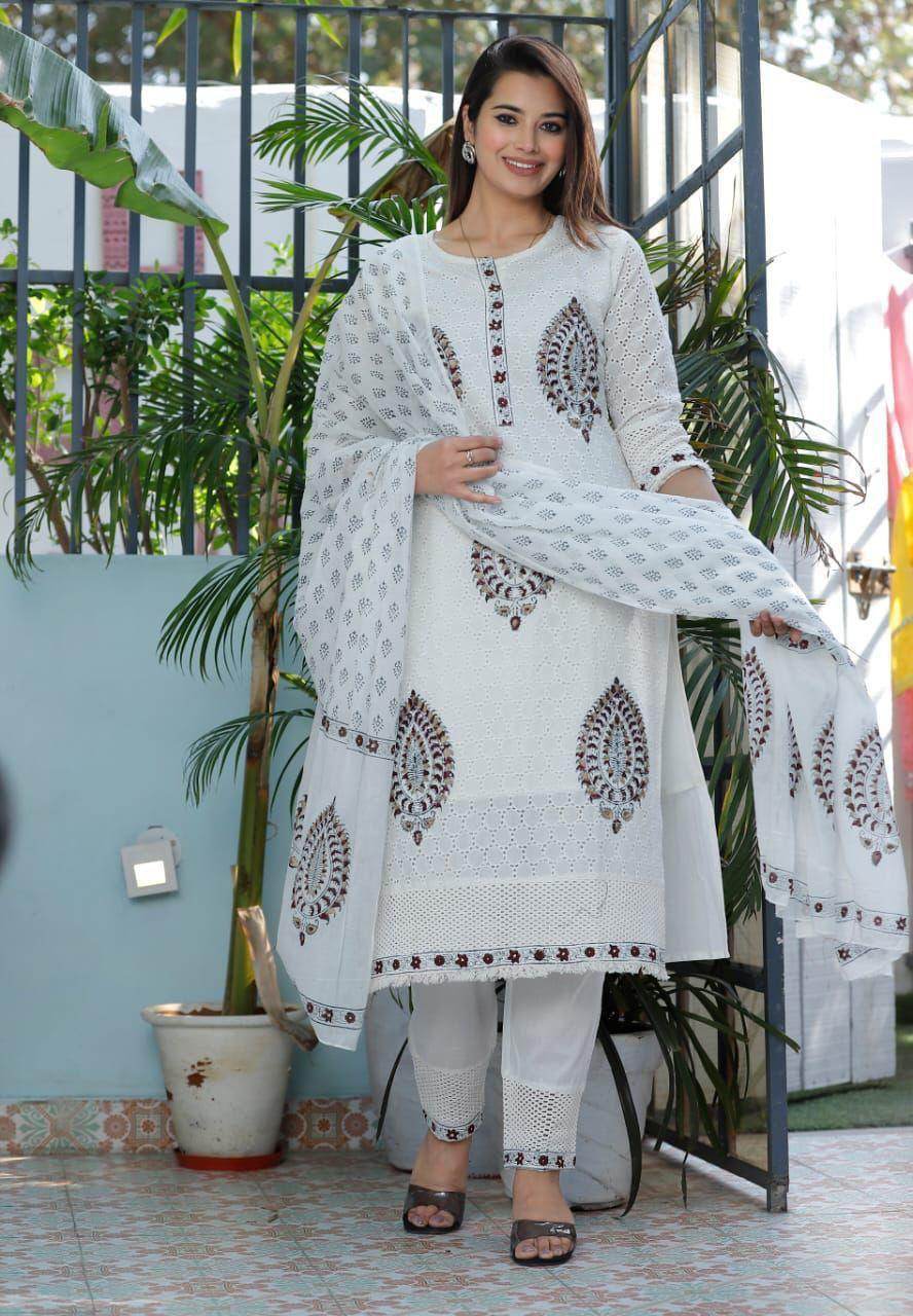 Beautiful Chikankari schiffli Cotton fabric three piece kurti set - Eraya