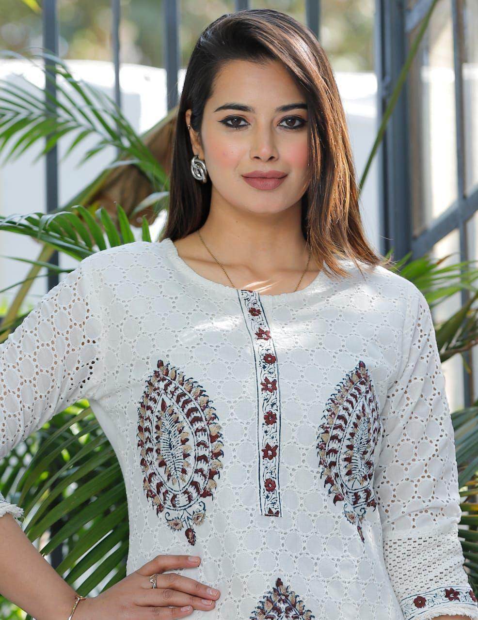 Beautiful Chikankari schiffli Cotton fabric three piece kurti set - Eraya