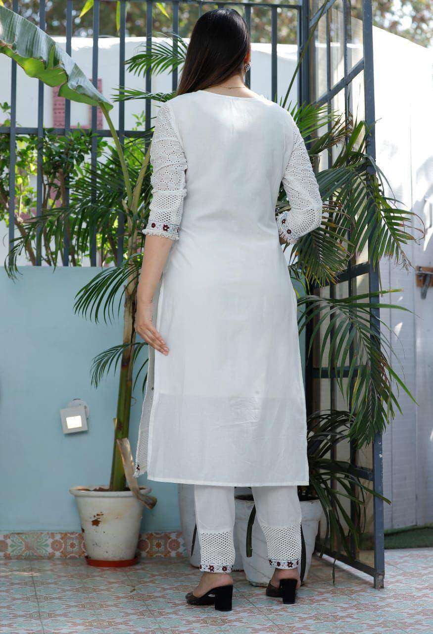 Beautiful Chikankari schiffli Cotton fabric three piece kurti set - Eraya