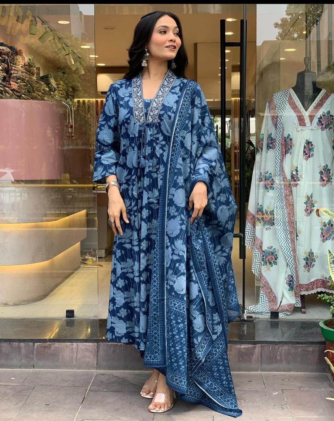 Ajrak print, sequins work cotton kurti set - Eraya