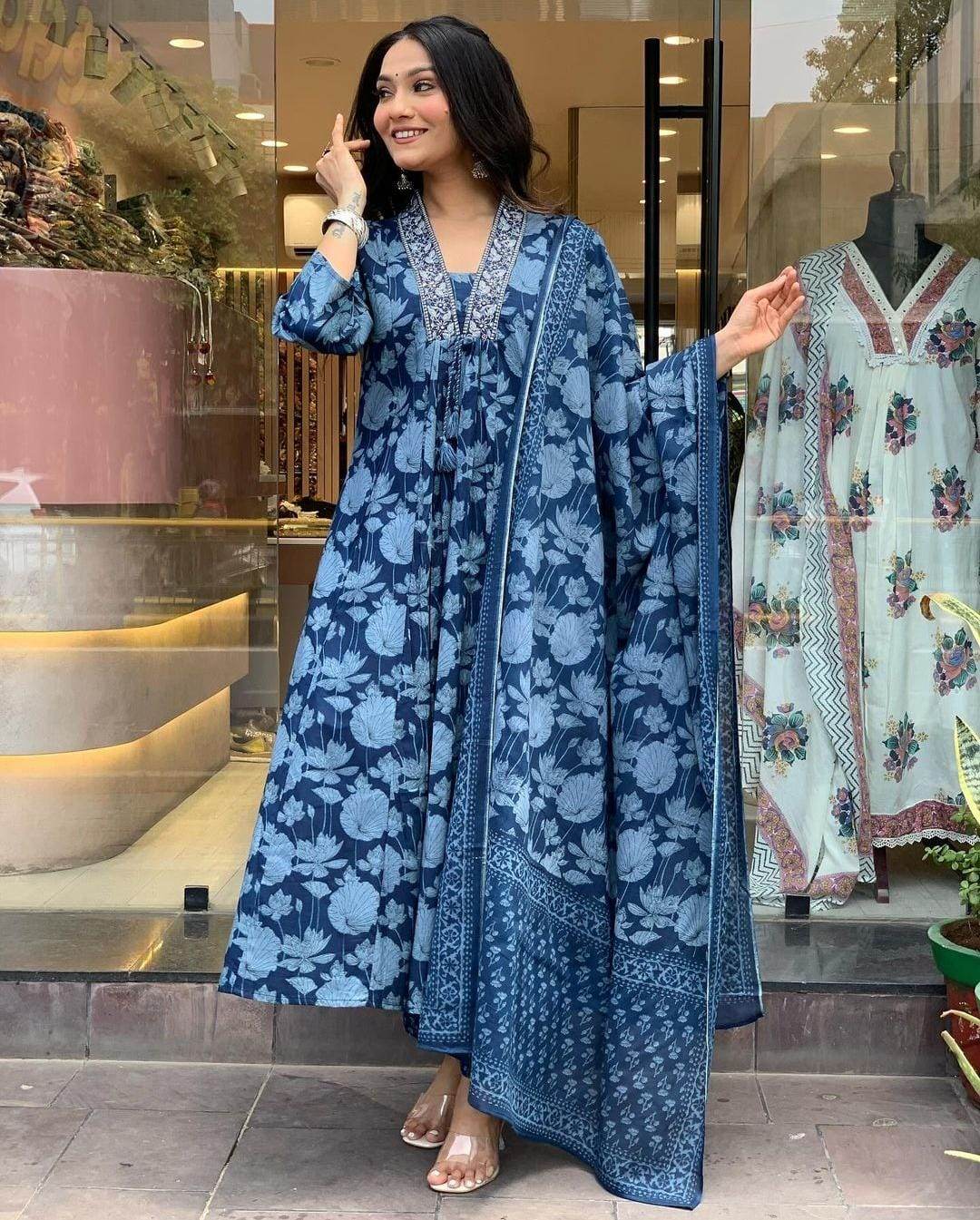 Ajrak print, sequins work cotton kurti set - Eraya