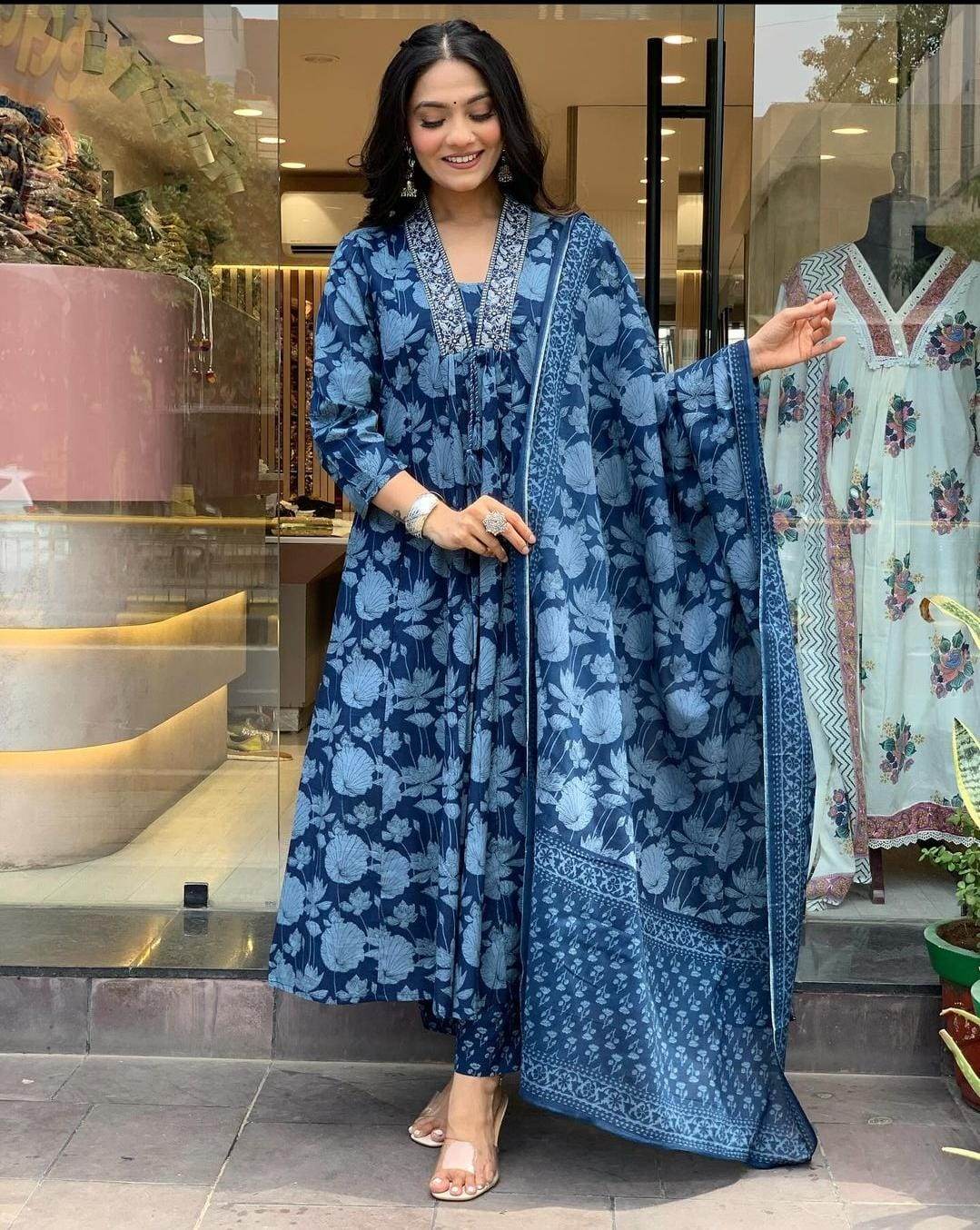 Ajrak print, sequins work cotton kurti set - Eraya