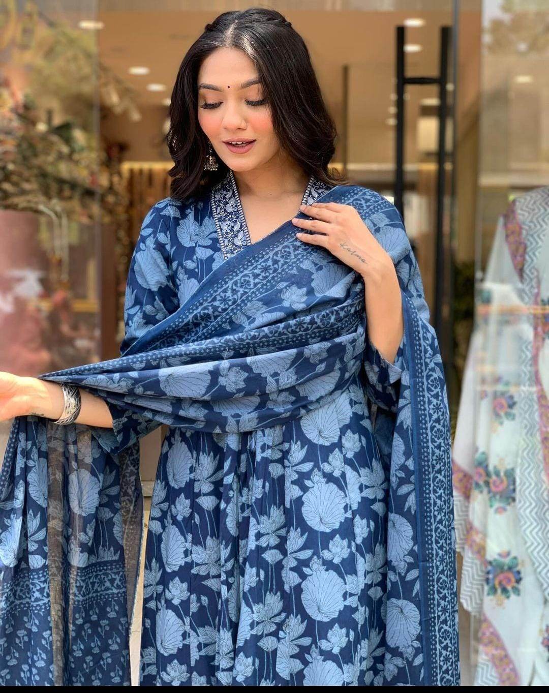 Ajrak print, sequins work cotton kurti set - Eraya