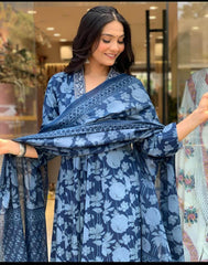 Ajrak print, sequins work cotton kurti set - Eraya