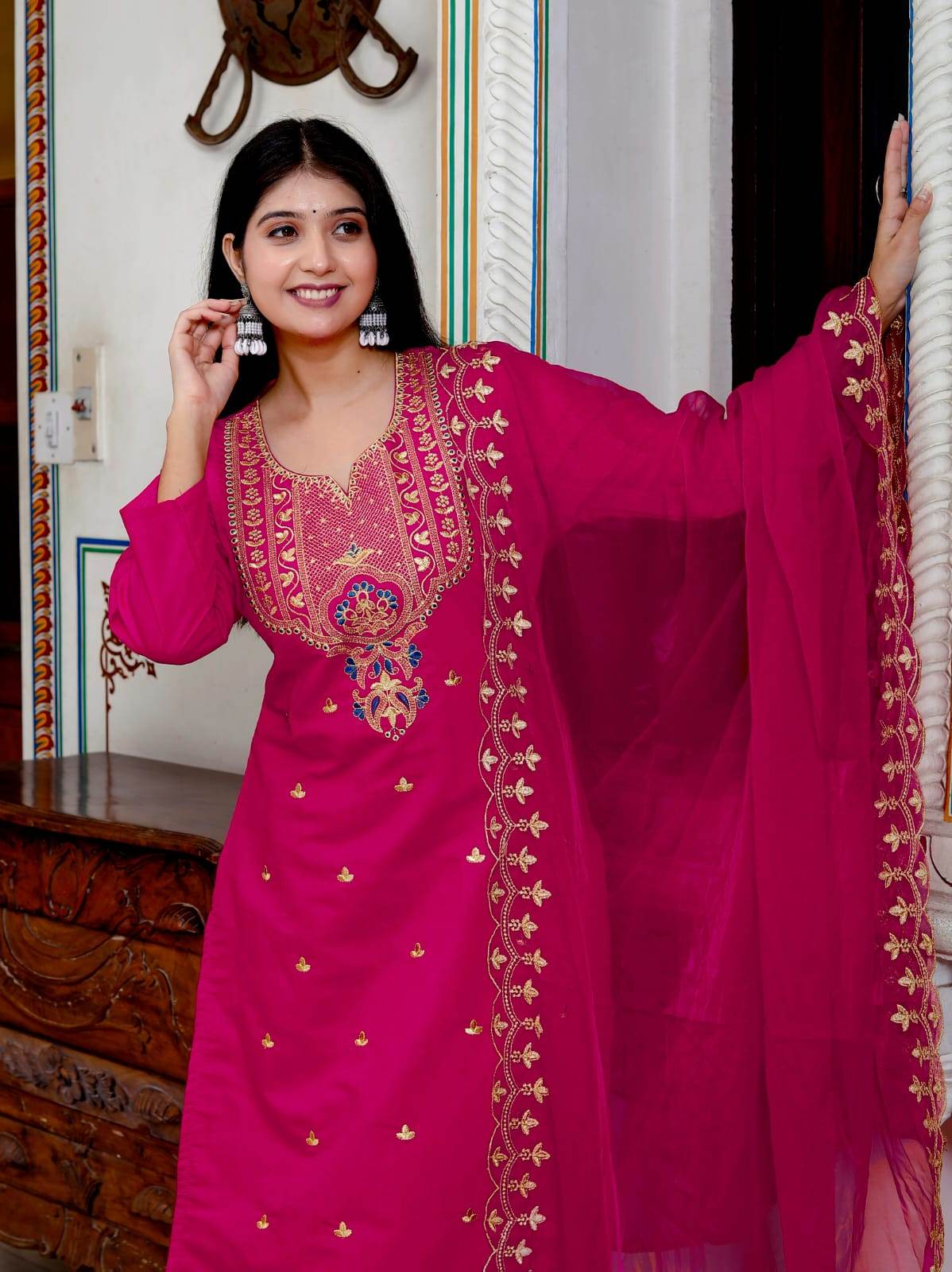 Roman silk elegant crafted kurti set with organza dupatta - Eraya