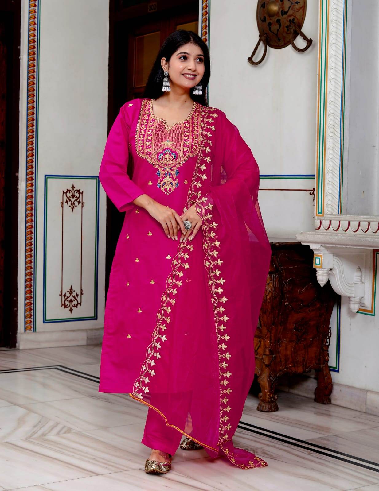 Roman silk elegant crafted kurti set with organza dupatta - Eraya