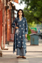Handcrafted boho apparel: Block-printed and embroidered kurta-plazo set - Eraya