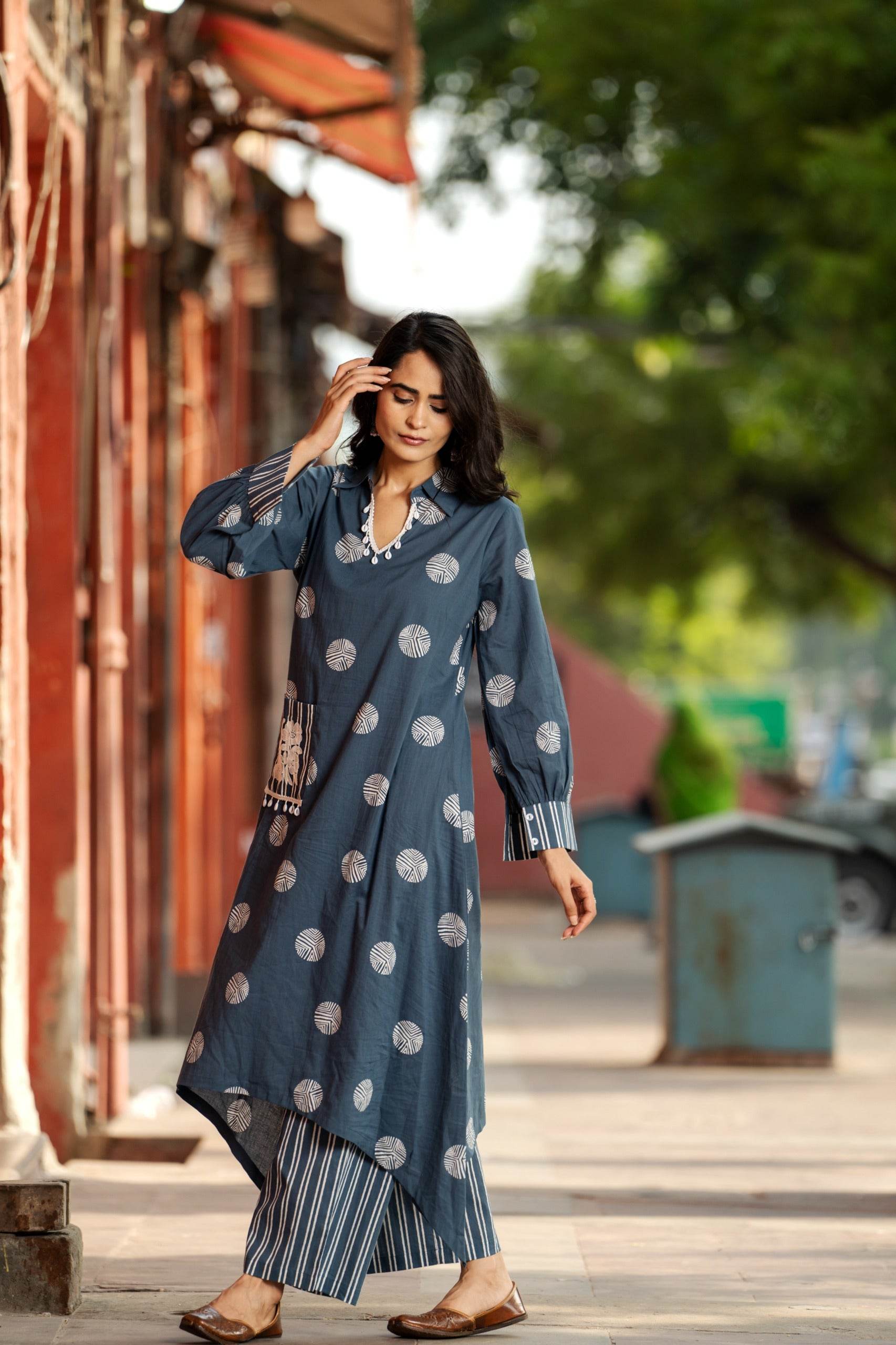 Handcrafted boho apparel: Block-printed and embroidered kurta-plazo set - Eraya