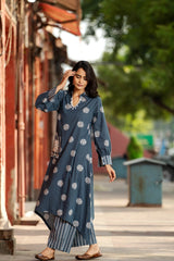 Handcrafted boho apparel: Block-printed and embroidered kurta-plazo set - Eraya