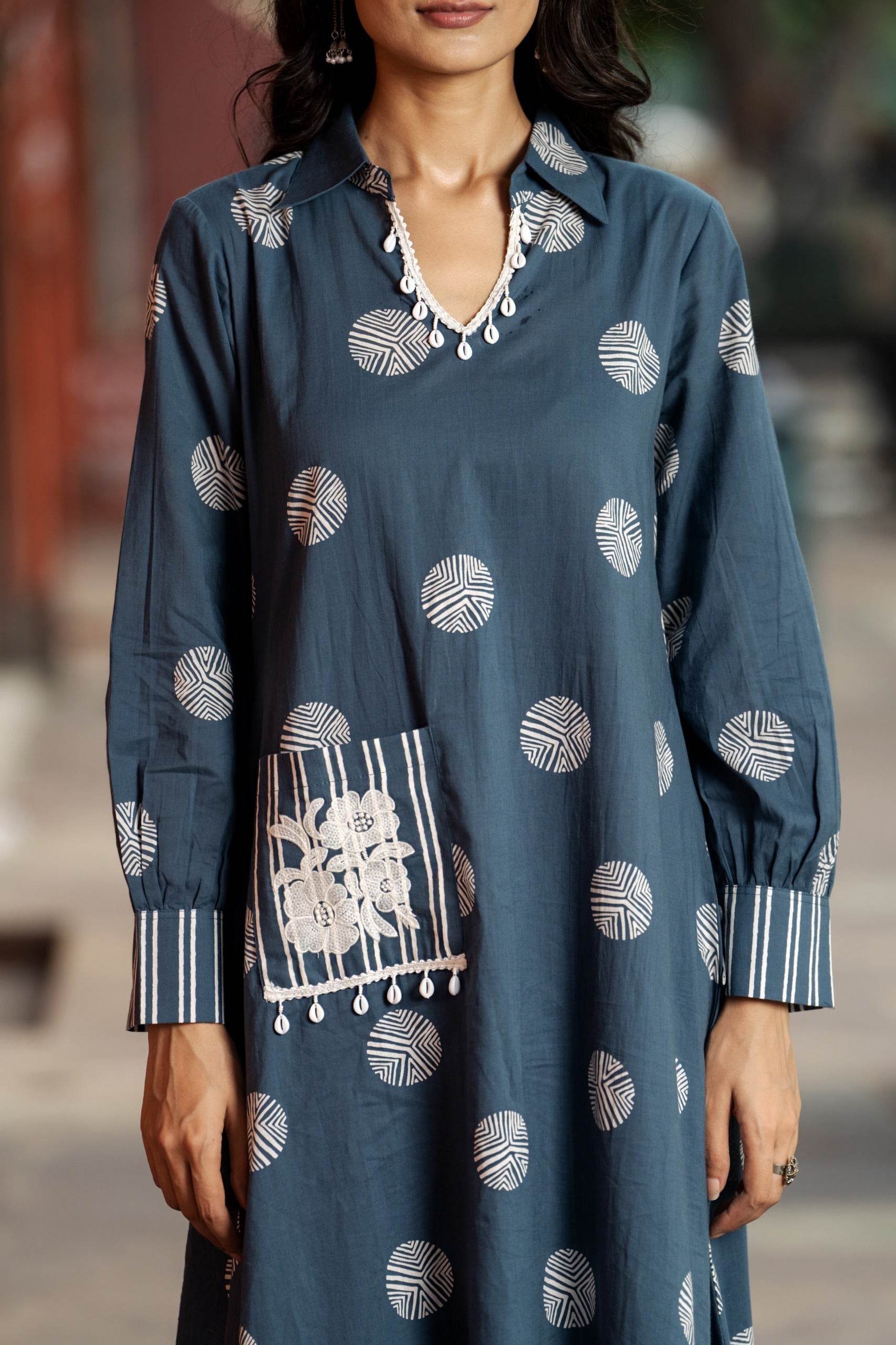 Handcrafted boho apparel: Block-printed and embroidered kurta-plazo set - Eraya