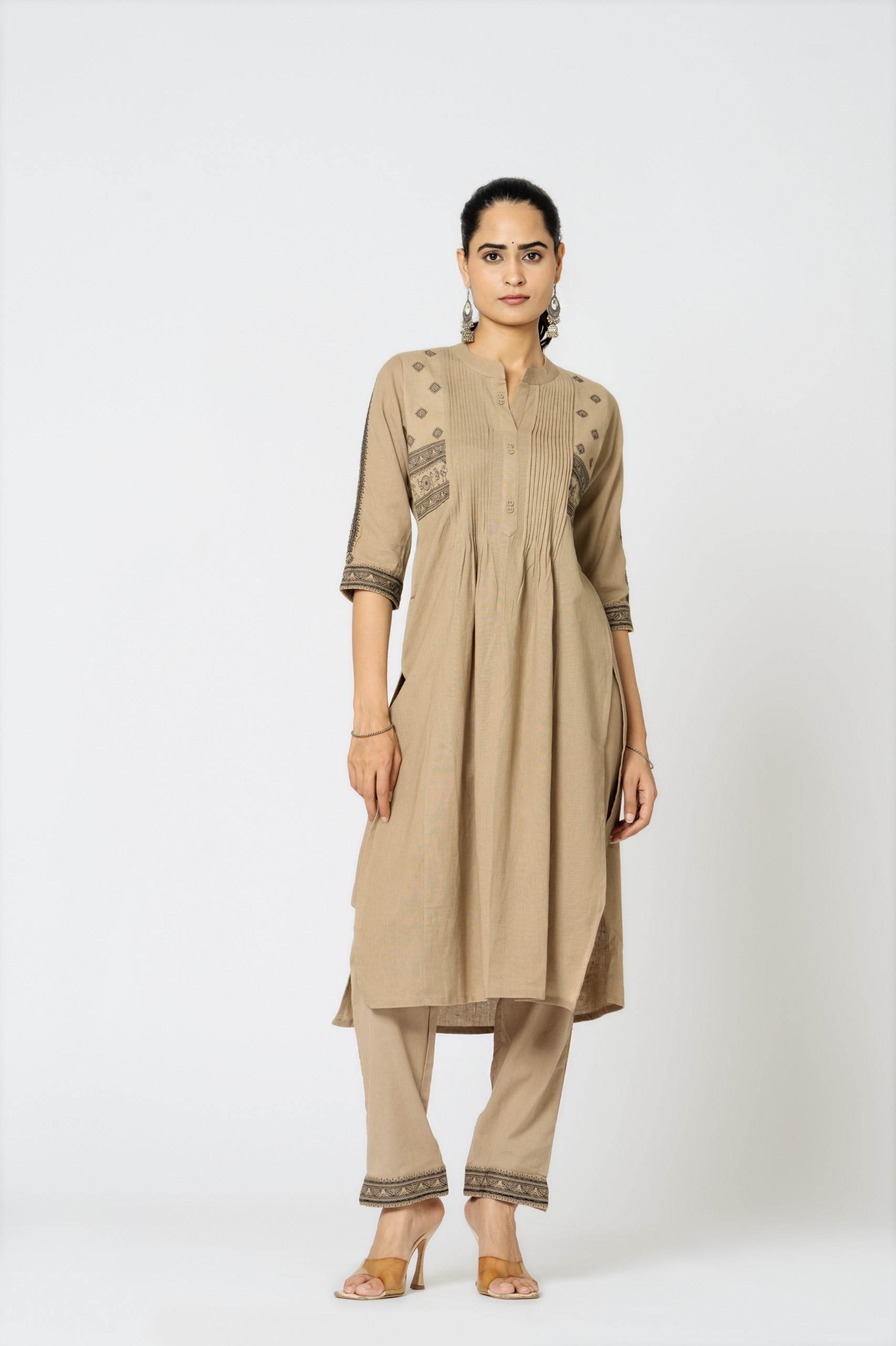 The house of khakhi: Heavy cotton front/back embroidered, pintex work kurta-pant set - Eraya