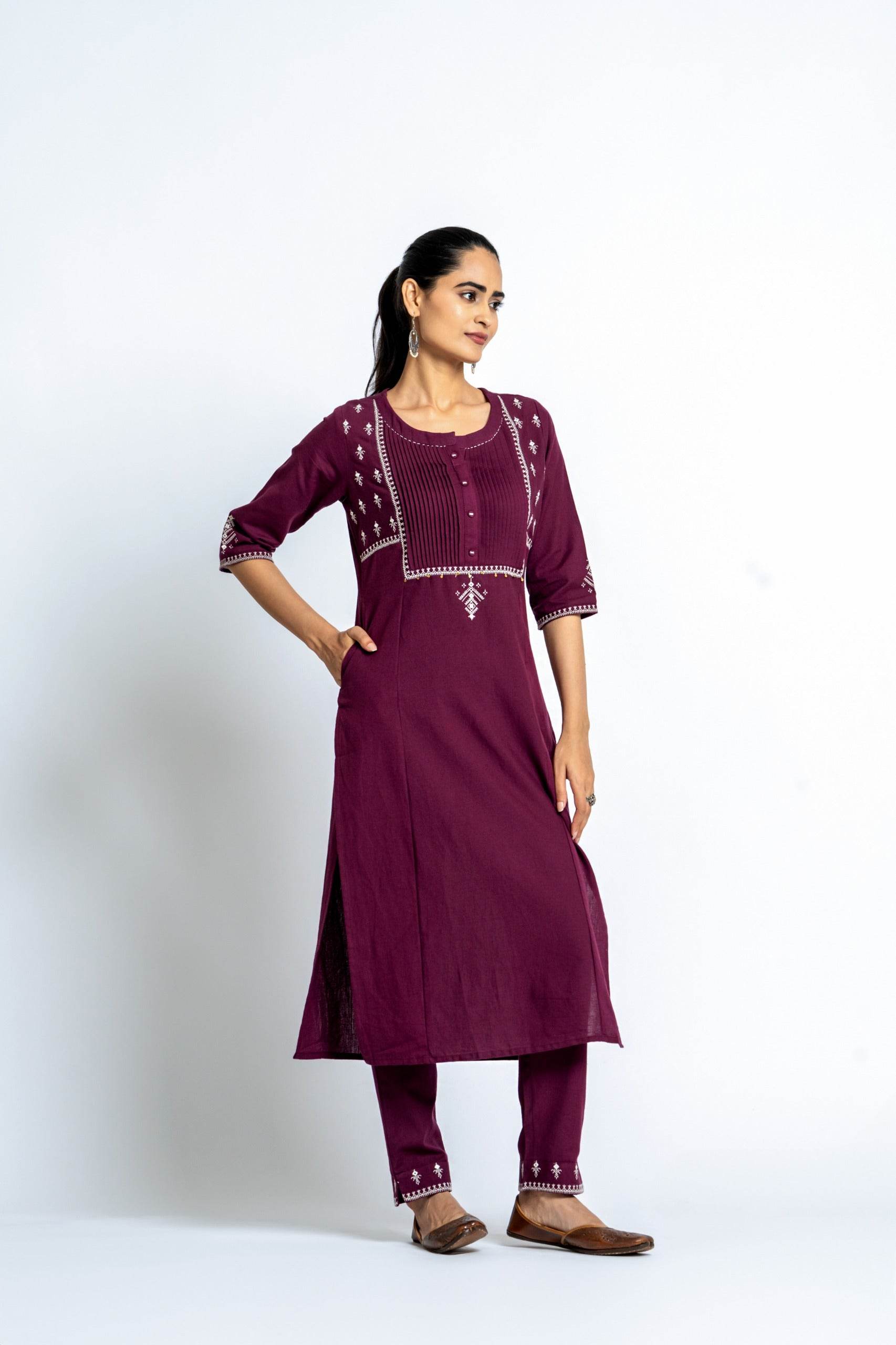 Intoxicating colours of wine: An intricate embroidered kurta-pant set - Eraya