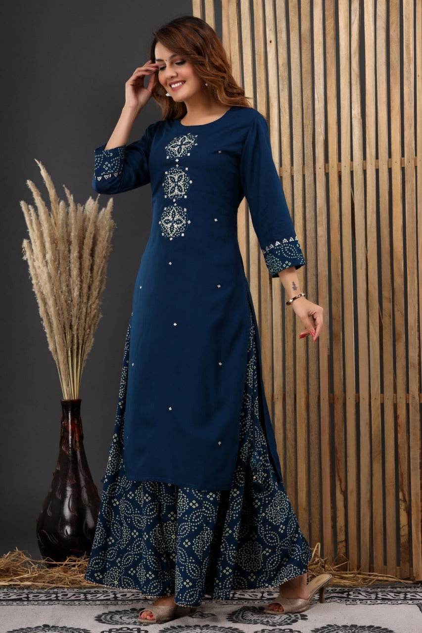 Classy divider-suit set: A partywear rayon kurti and divider - Eraya