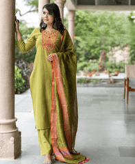 Classic aari embroidered three piece cotton kurti set - Eraya