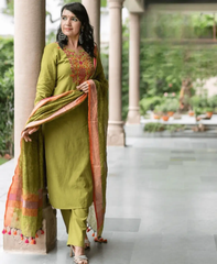 Classic aari embroidered three piece cotton kurti set - Eraya