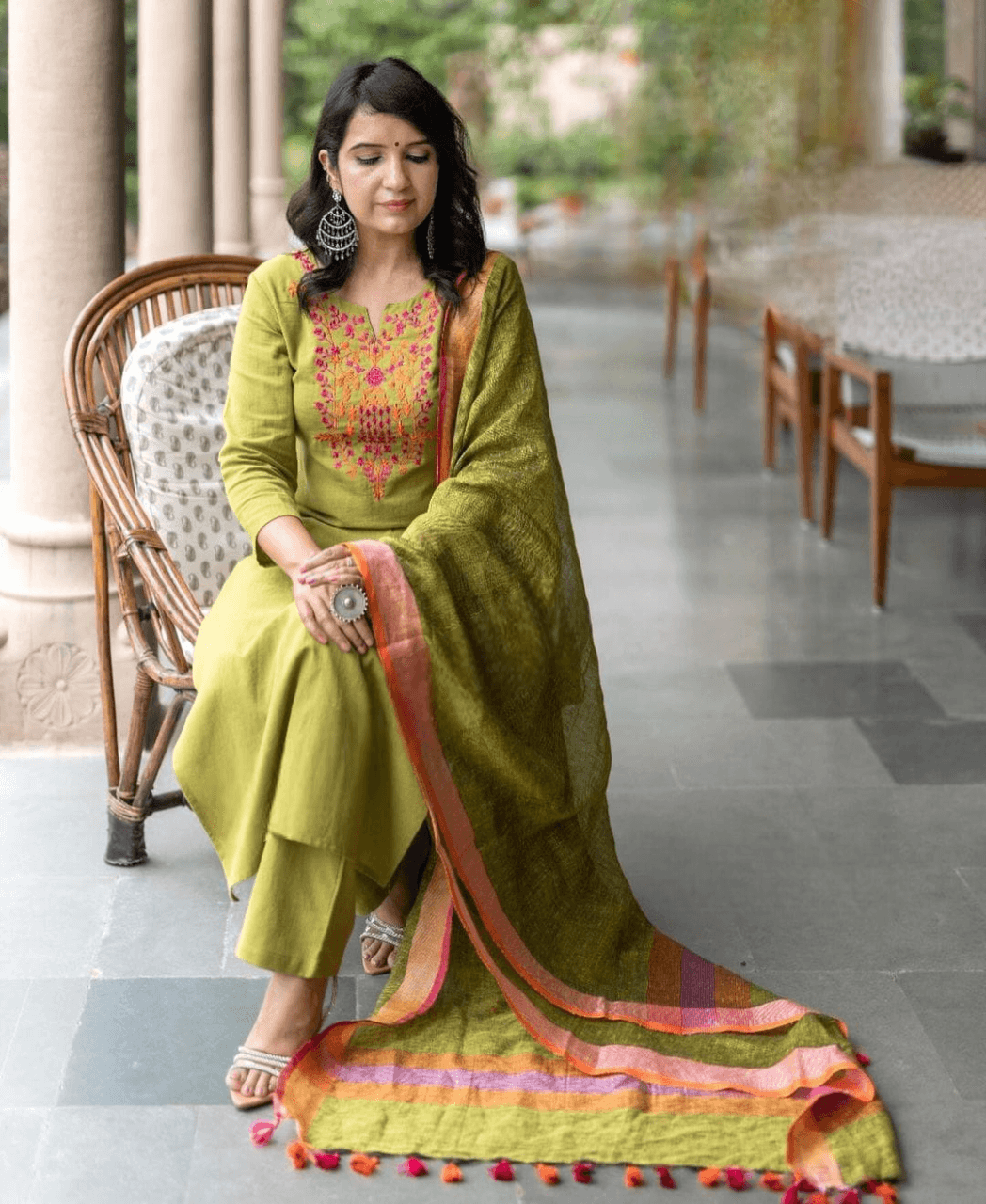 Classic aari embroidered three piece cotton kurti set - Eraya