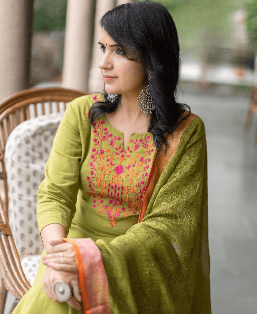 Classic aari embroidered three piece cotton kurti set - Eraya