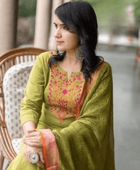 Classic aari embroidered three piece cotton kurti set - Eraya