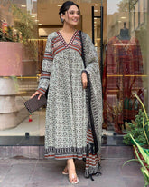 Elegant A-line block printed three piece kurti set - Eraya