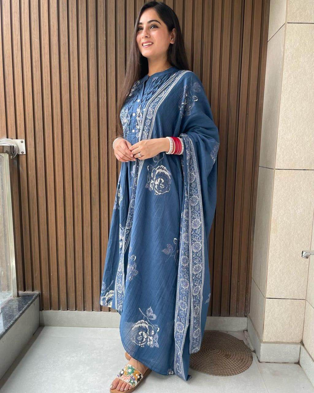 Designer yoke with floral printed three piece kurti set - Eraya