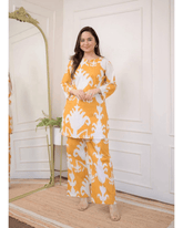 Printed yellow cotton short kurti-pant set - Eraya