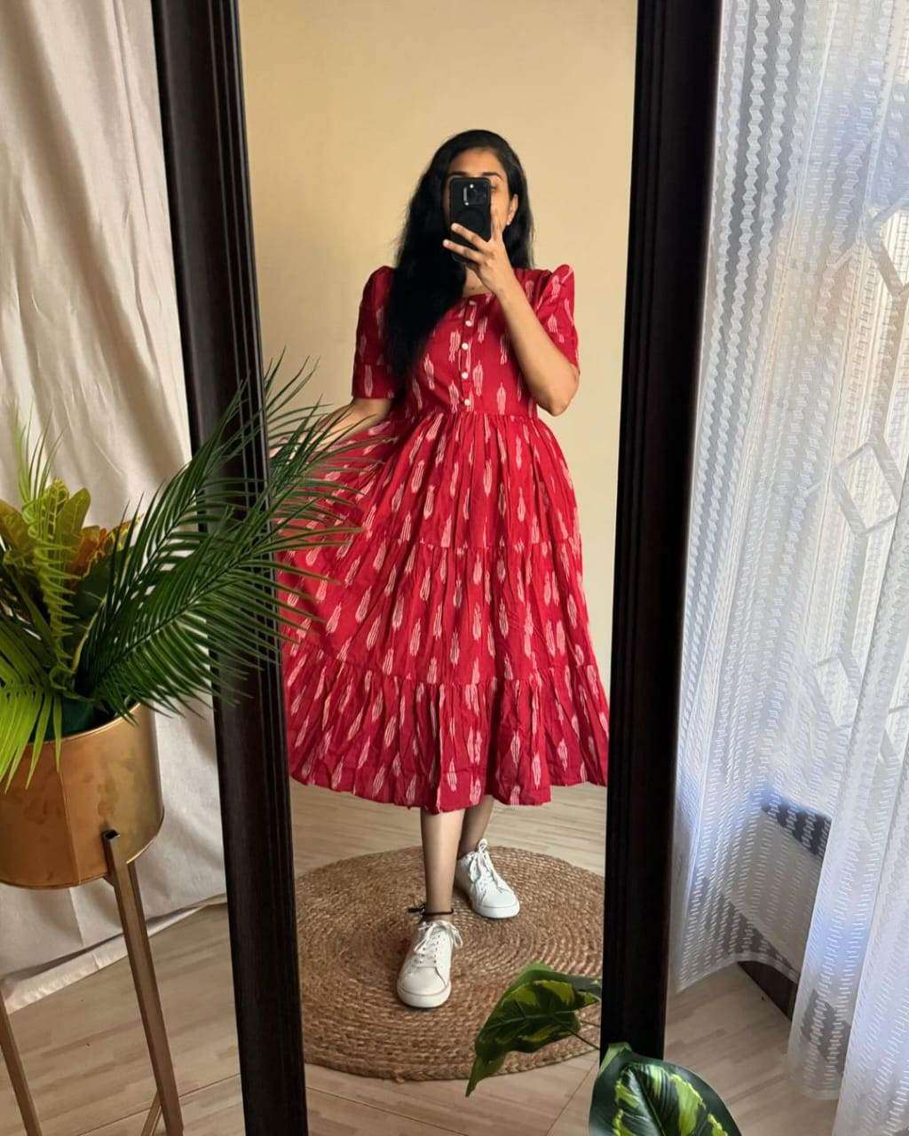 Beautiful ikat print pure cotton flared midi dress - Eraya