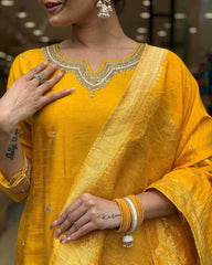 Heavy embroidered chanderi silk kurti-pant and banarasi dupatta set - Eraya